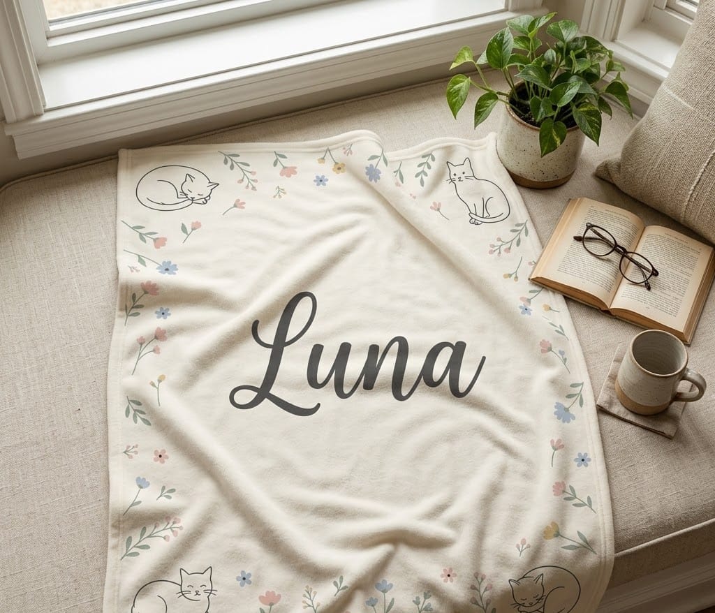Folded Luna cat name blanket on a cushioned window seat
