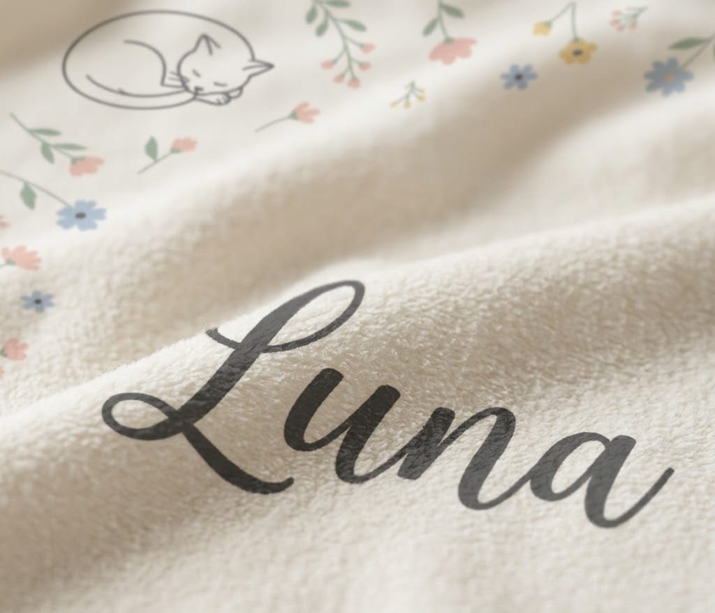 Detail of the Luna script name and line-art cat printed on soft flannel
