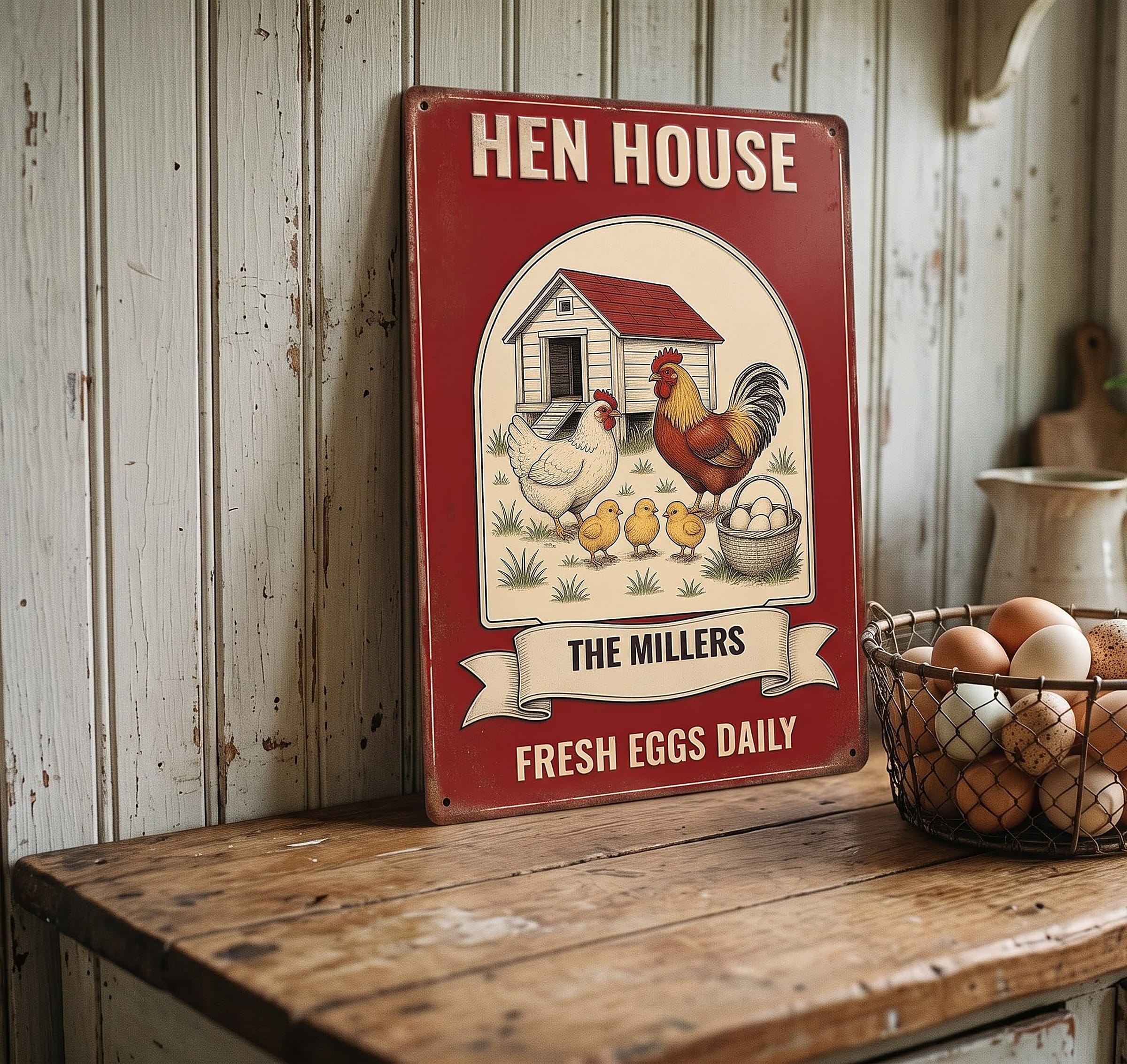Personalized chicken coop sign leaning on a farmhouse counter beside eggs