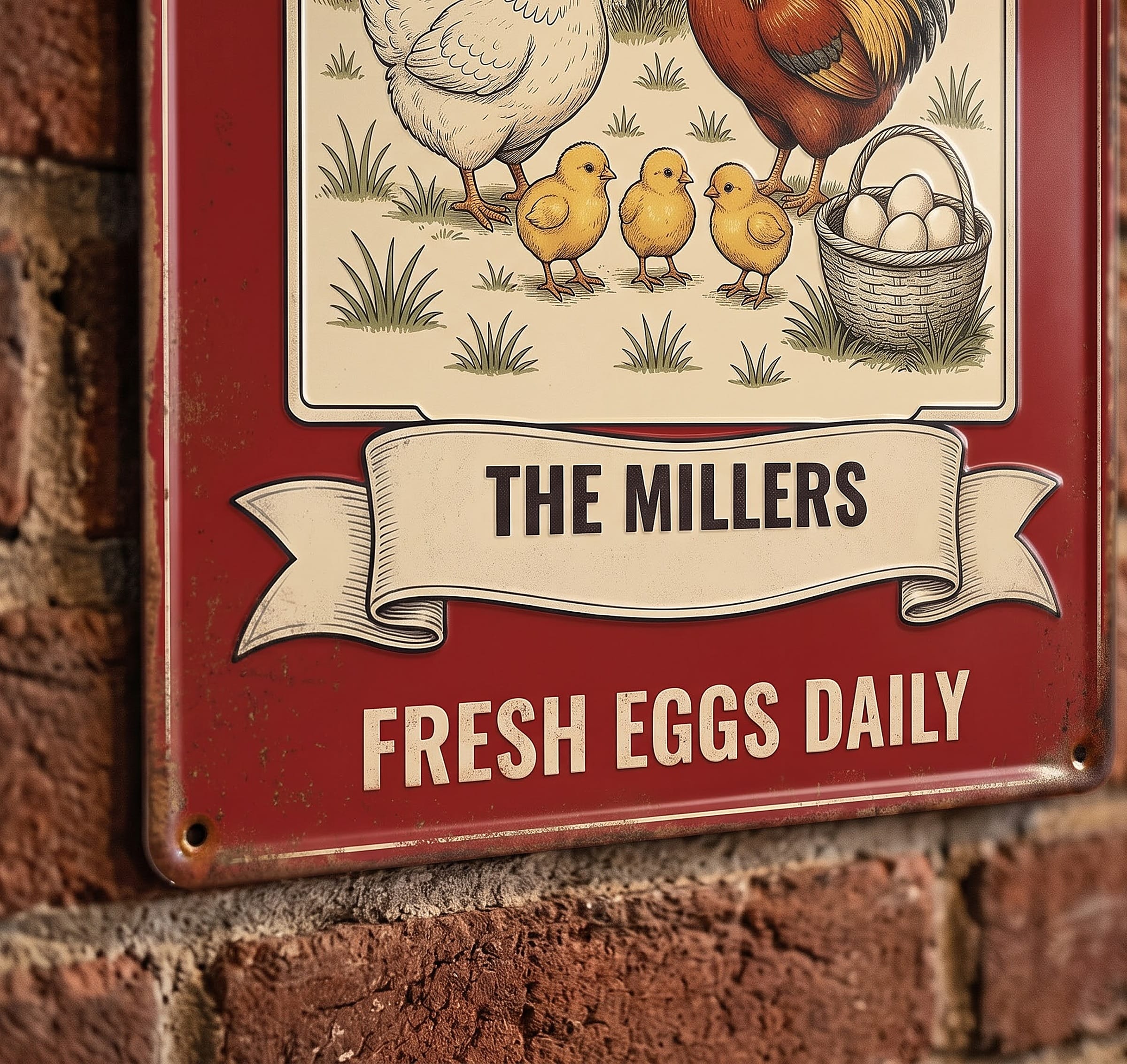 Close-up of The Millers name banner and Fresh Eggs Daily text