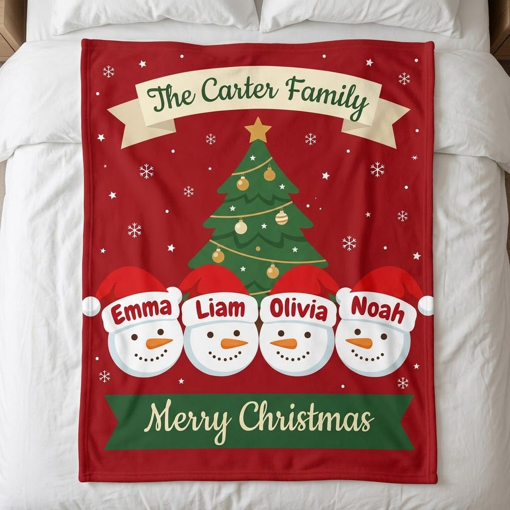 Christmas family name blanket with tree and four snowmen names, flat on a bed