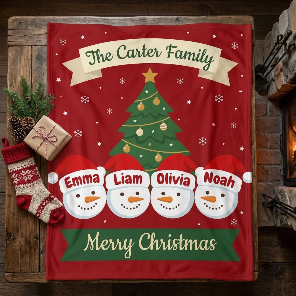 Carter family Christmas blanket on a rustic table with a stocking by the fireplace