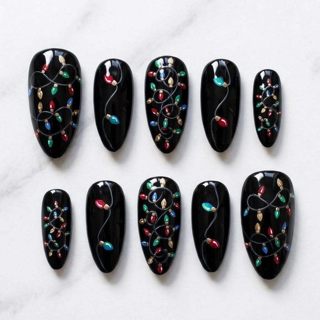 Christmas lights nails, ten black almond nails in two mirrored rows