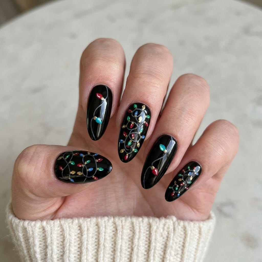 Hand wearing christmas lights press on nails with colorful bulbs