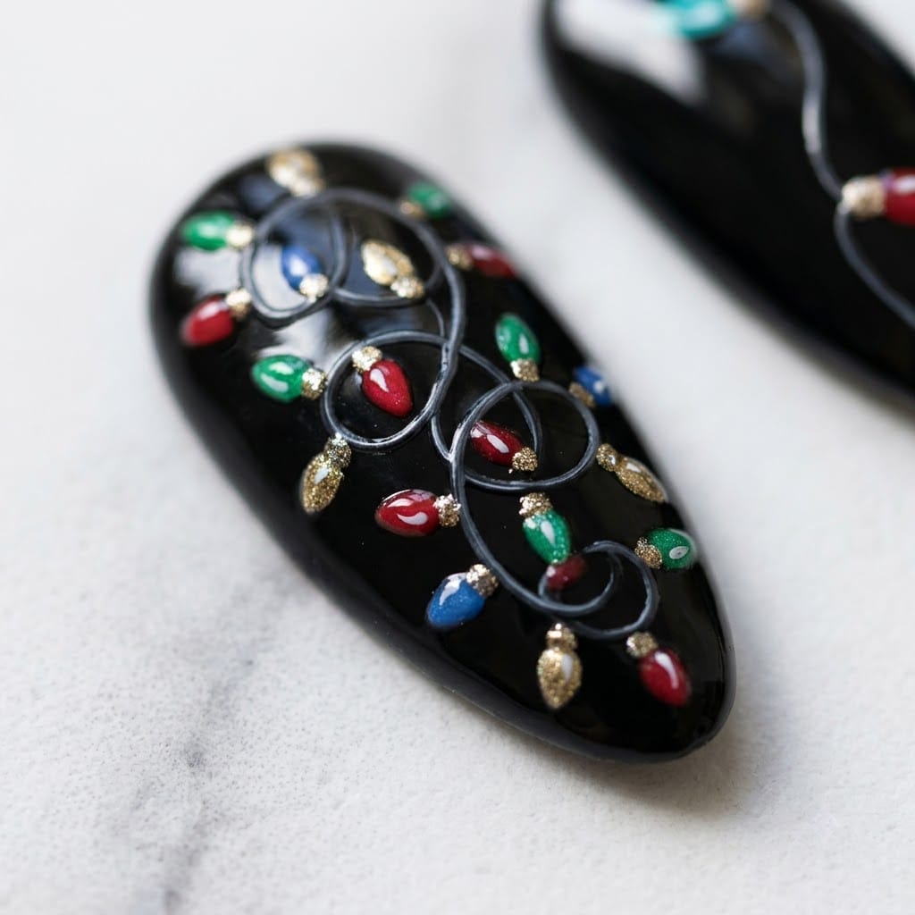 Close-up of red green and gold light bulbs on a black nail