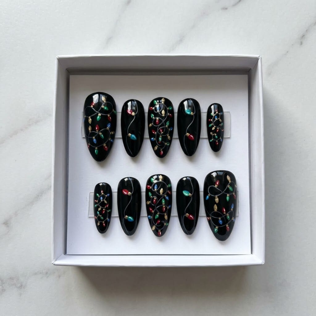 Christmas lights press on nails set in a white gift box