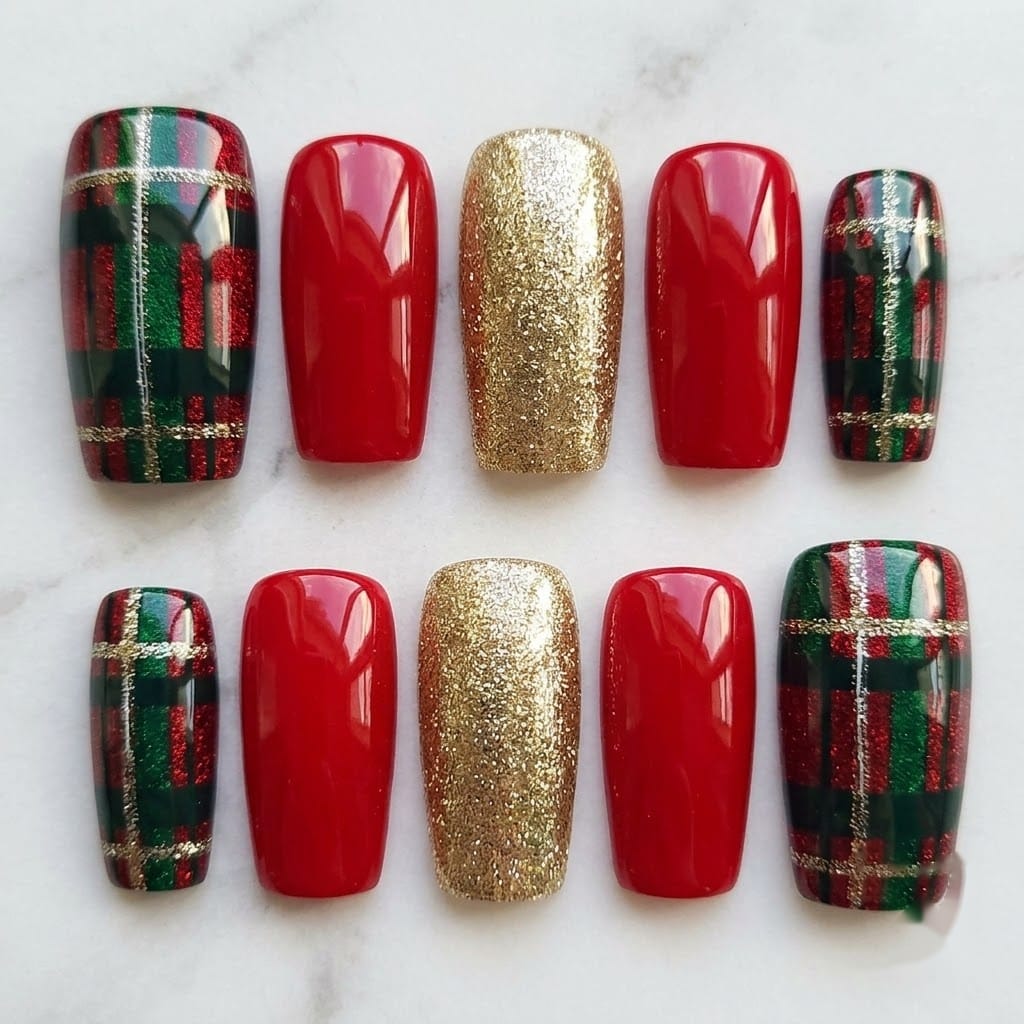 Christmas plaid nails, ten square nails in two mirrored rows