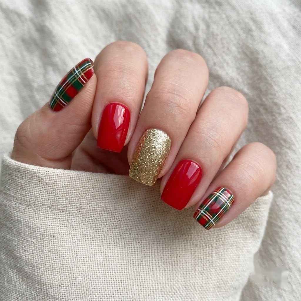 Hand wearing red and green christmas plaid press on nails