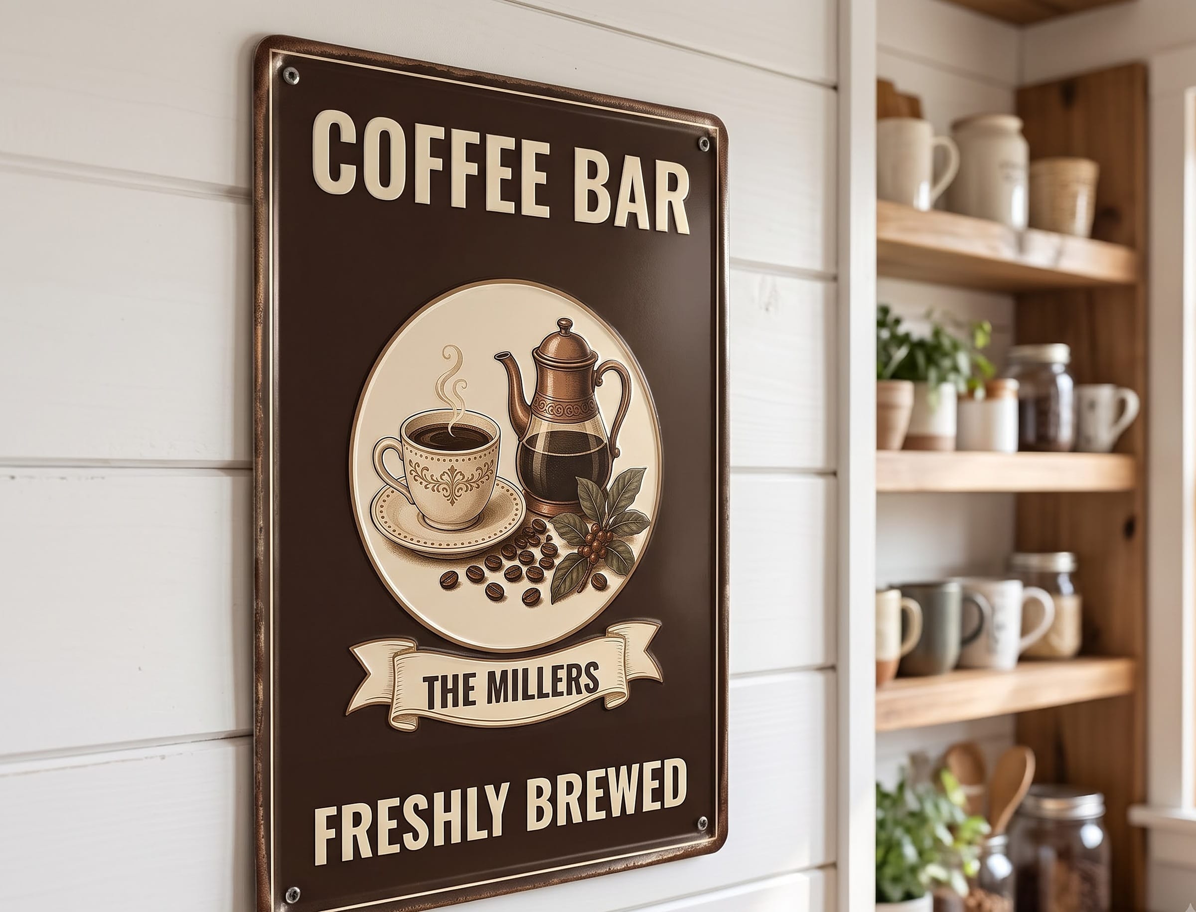 Personalized coffee bar sign with The Millers name on a white shiplap wall