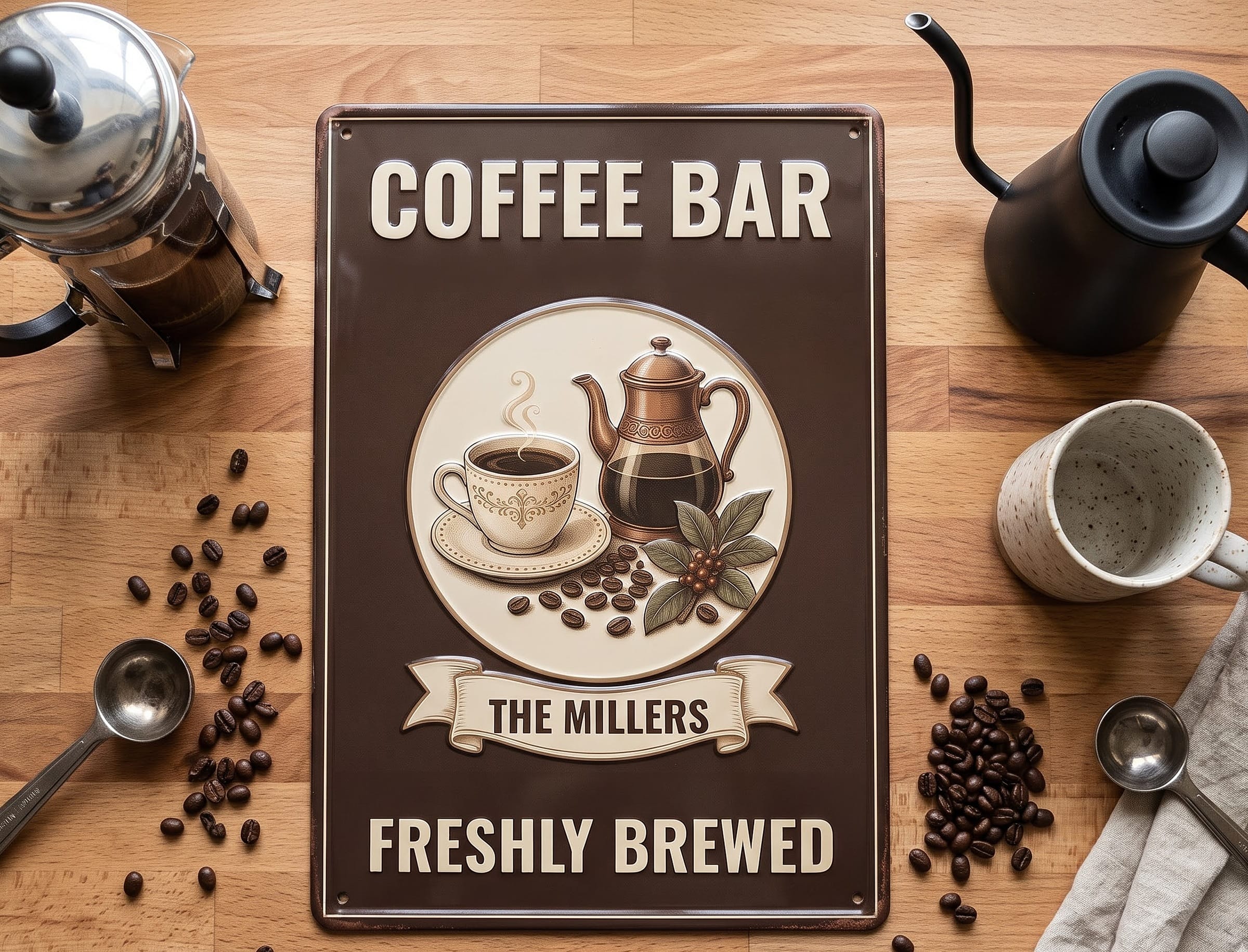 Coffee name sign lying flat with a French press, mug and beans