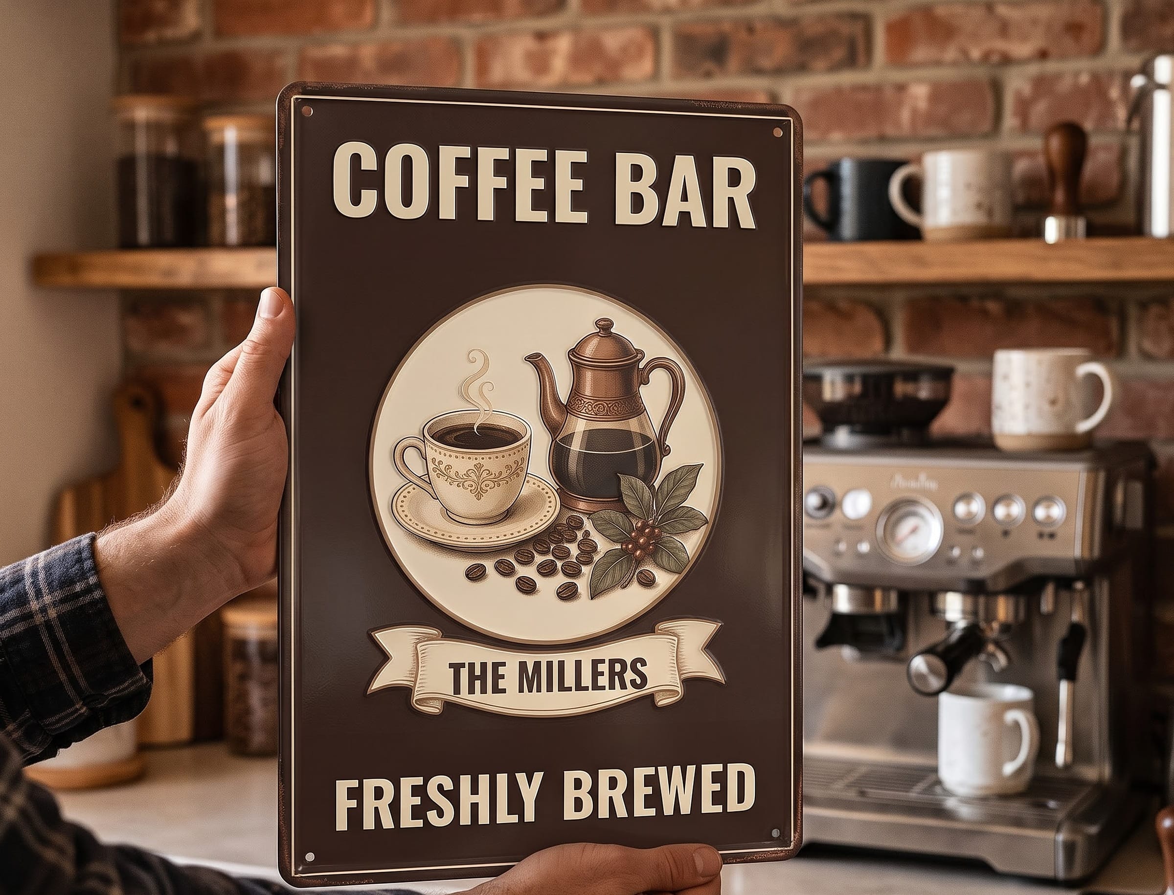 Hands holding The Millers Coffee Bar Freshly Brewed metal sign