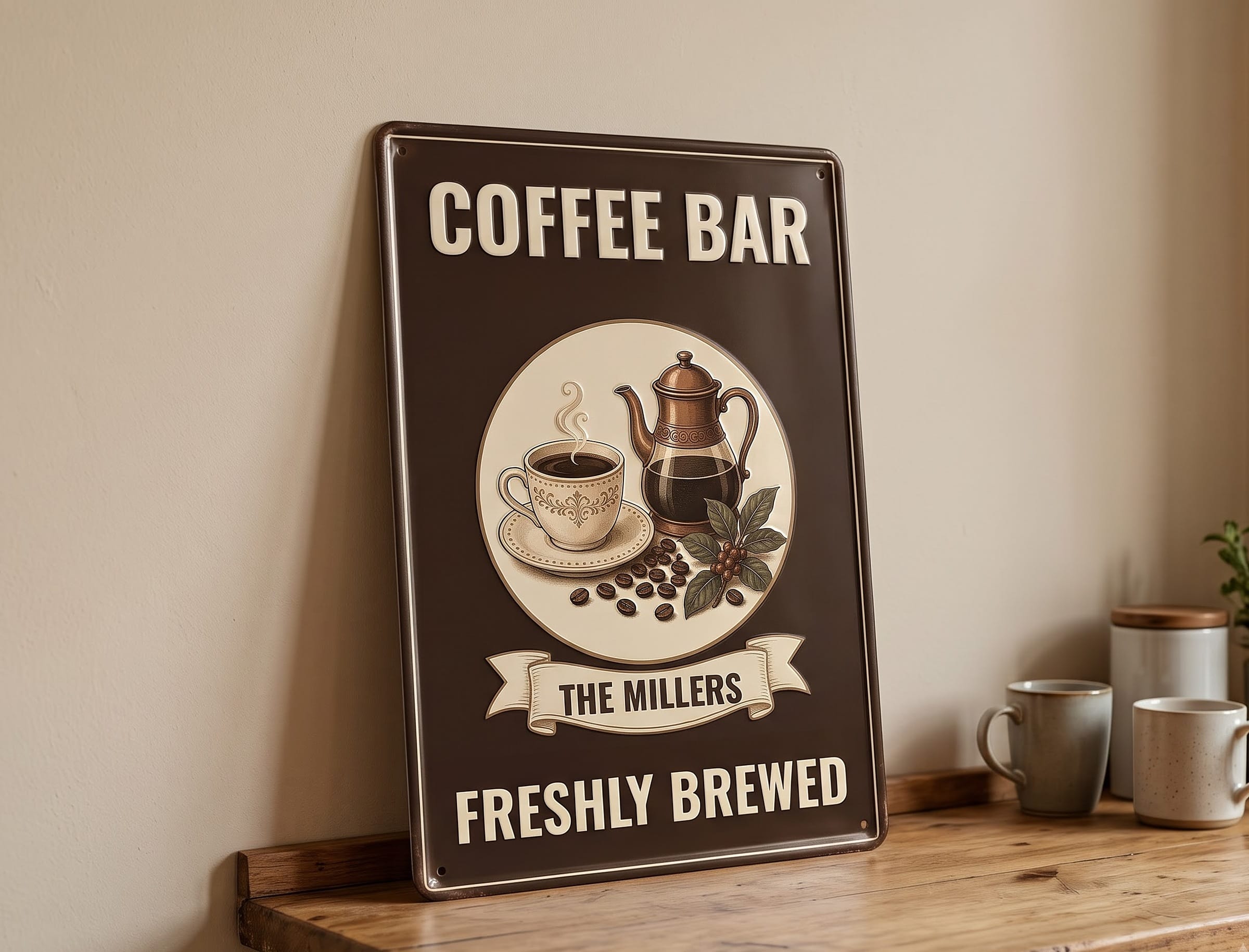 Coffee bar name sign leaning on a wooden counter beside mugs