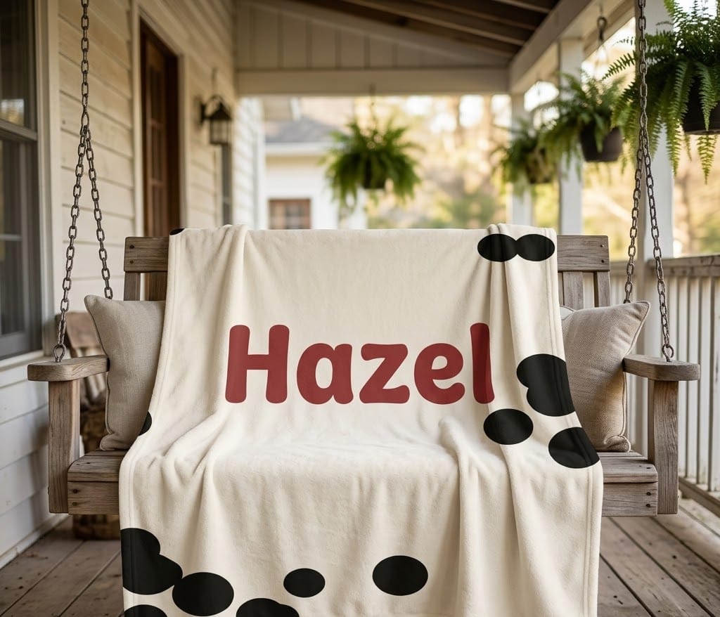 Hazel cow print name blanket draped over a wooden porch swing