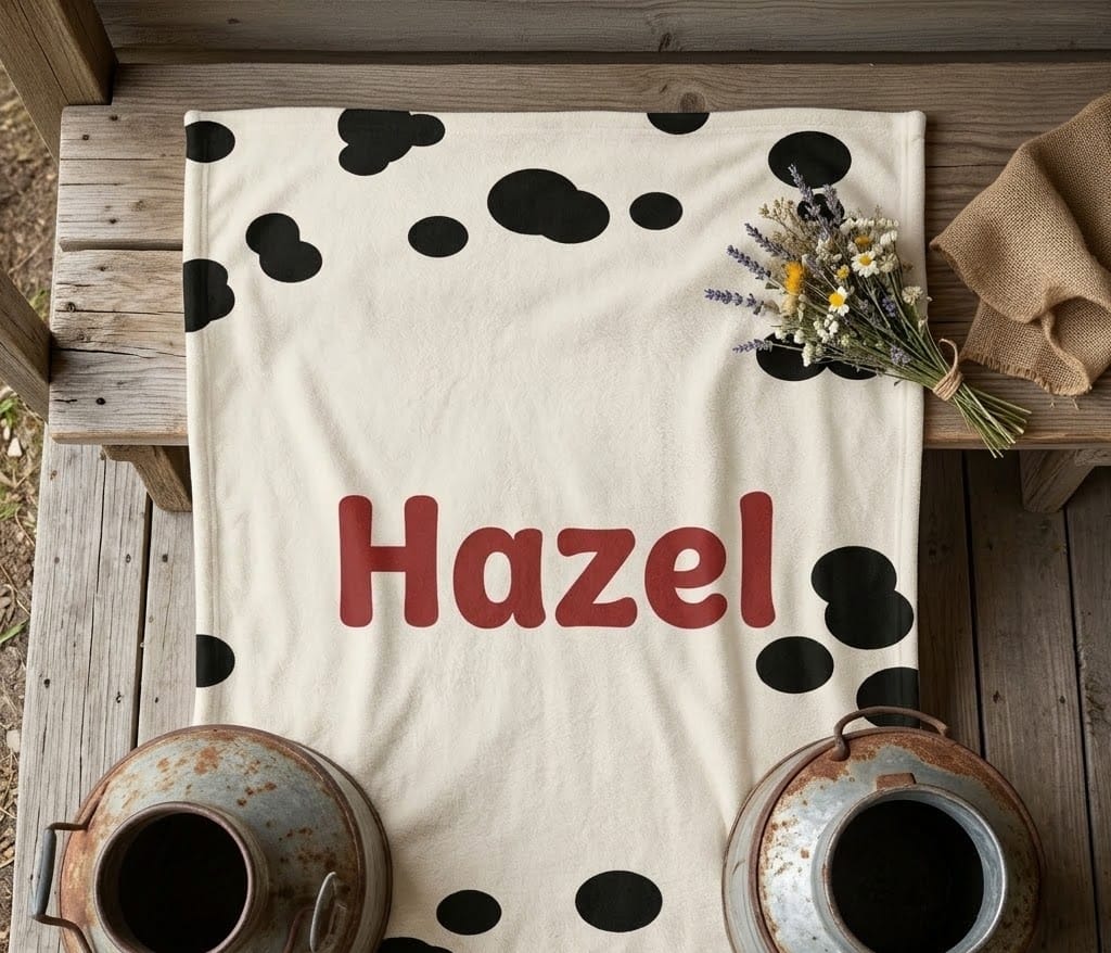 Folded Hazel cow print throw on a rustic bench beside a milk can