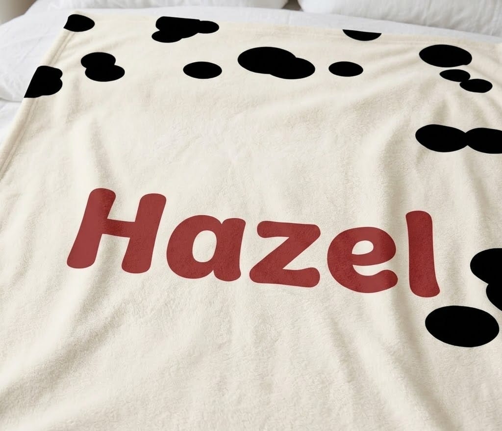 Barn-red Hazel name printed flat on cream flannel with cow spots