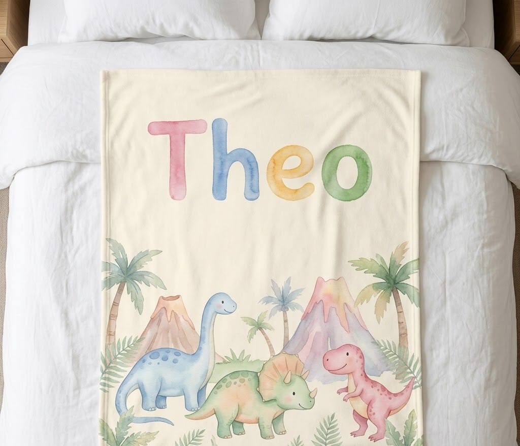 Dinosaur name blanket with Theo in pastel letters, flat on a bed
