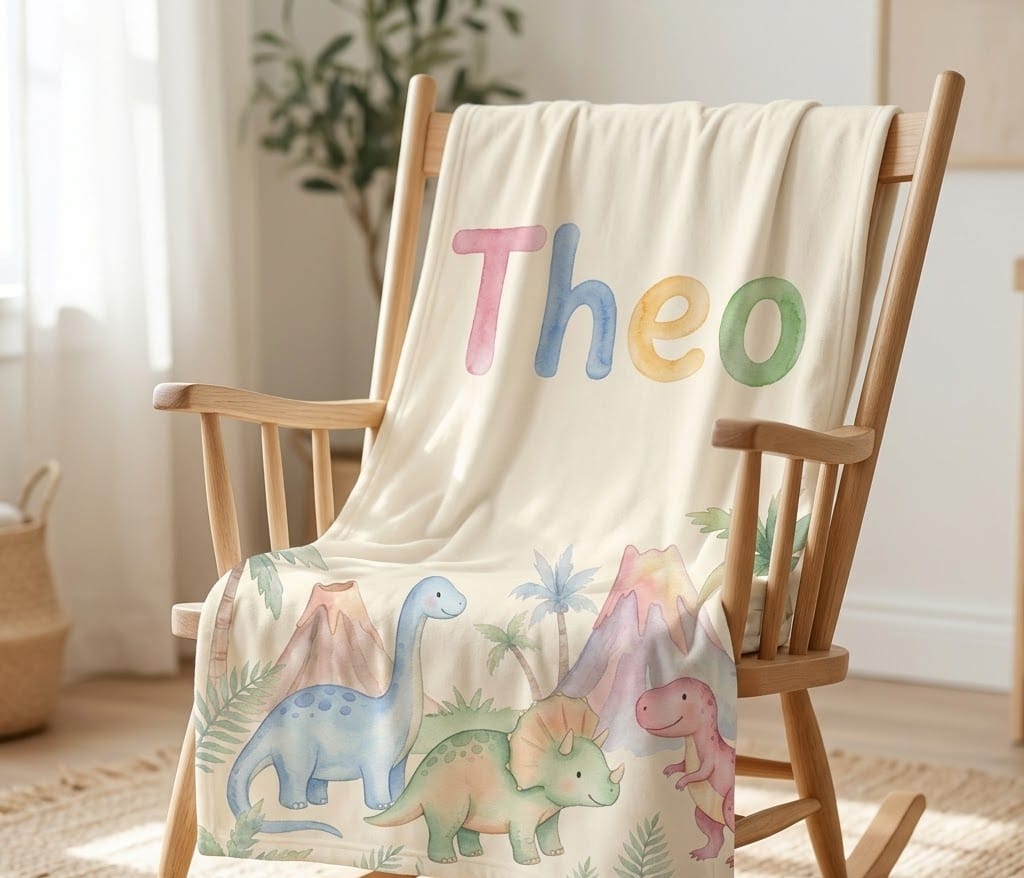 Theo watercolor dinosaur blanket on a rocking chair, angled view