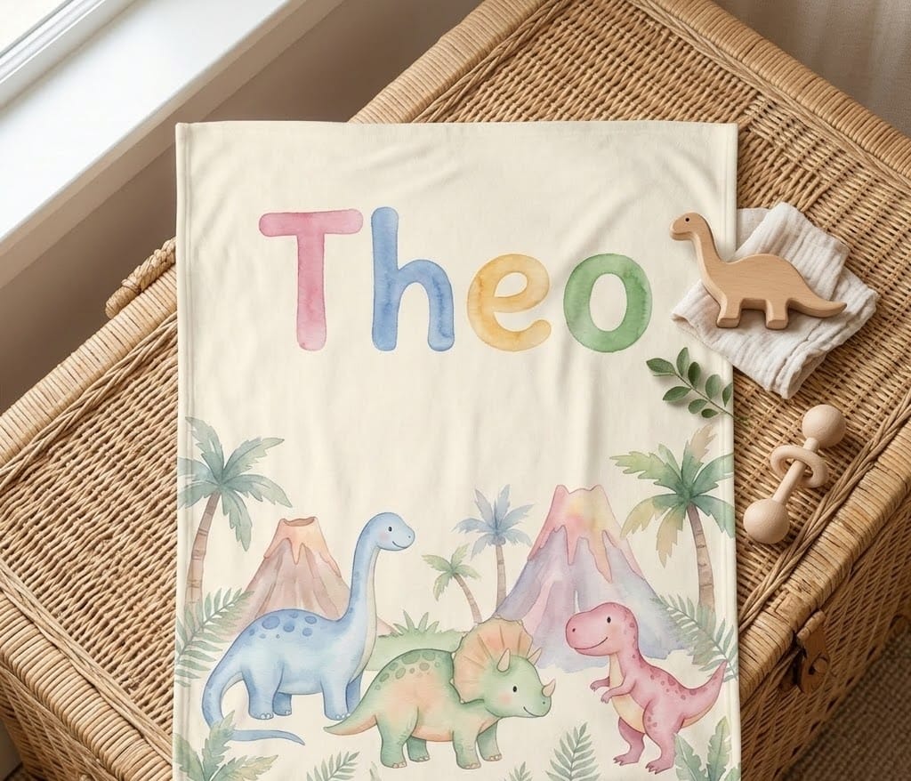 Folded Theo dinosaur name blanket on a wicker trunk with a toy dino