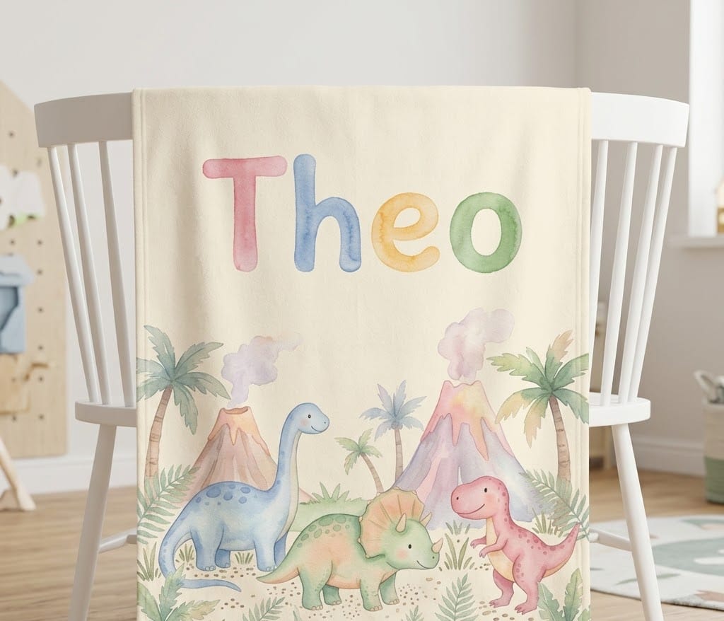 Theo pastel dinosaur name blanket hung over a wooden chair back