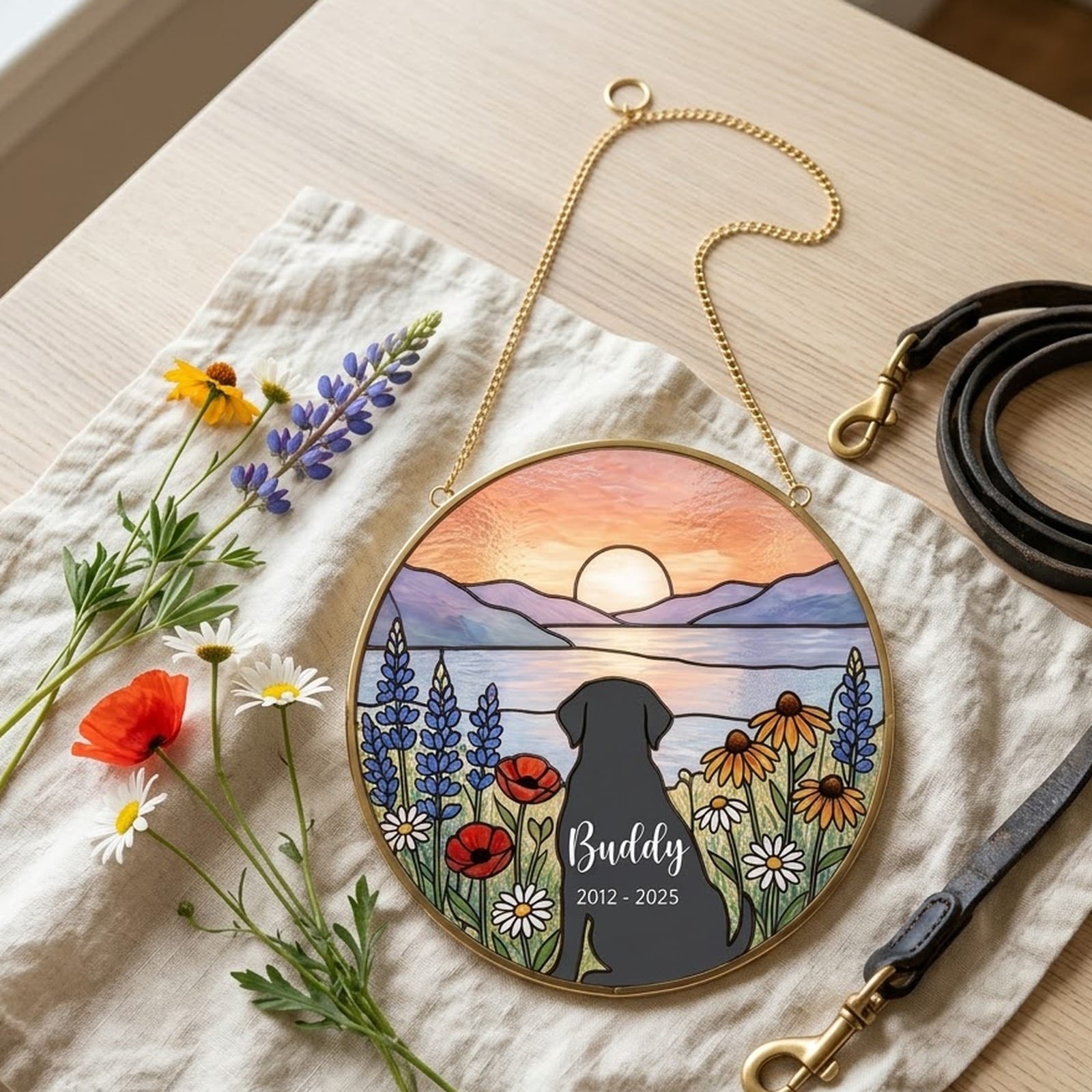 Dog memorial suncatcher lying on linen beside wildflowers
