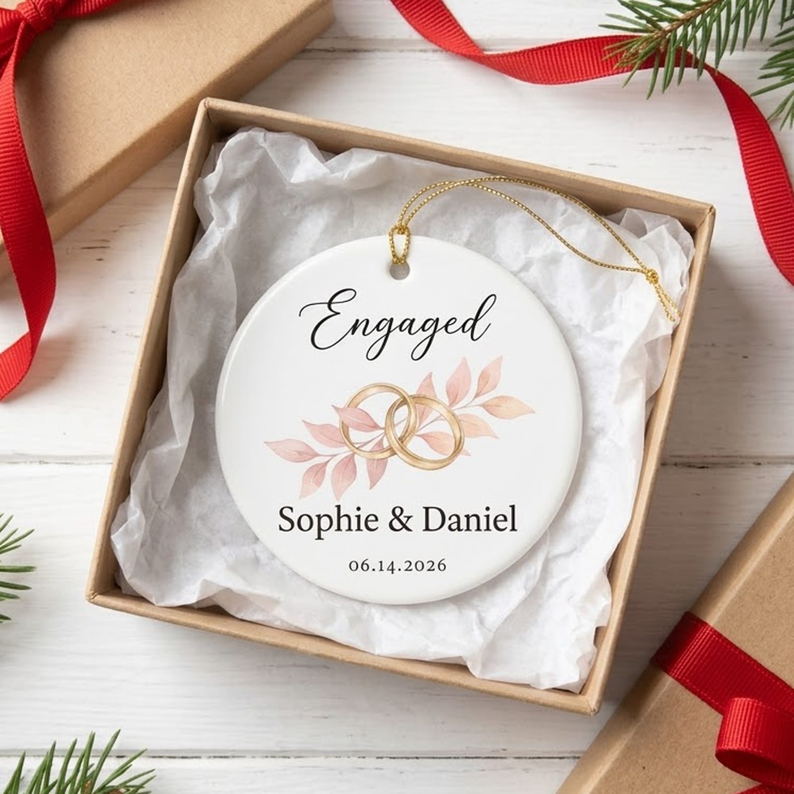 Personalized ceramic ornament in a kraft gift box with pine