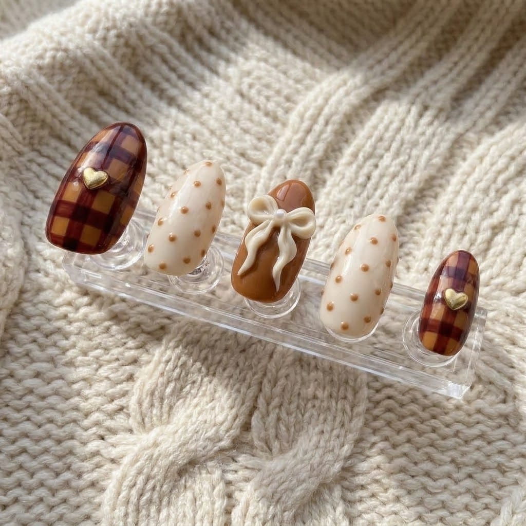 One hand of caramel bow and polka dot nails on an acrylic stand
