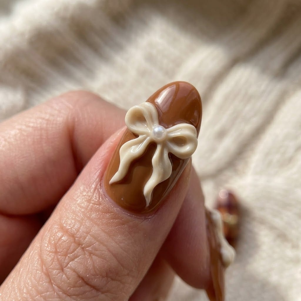 Close-up of a 3D cream bow with pearl on a caramel almond nail