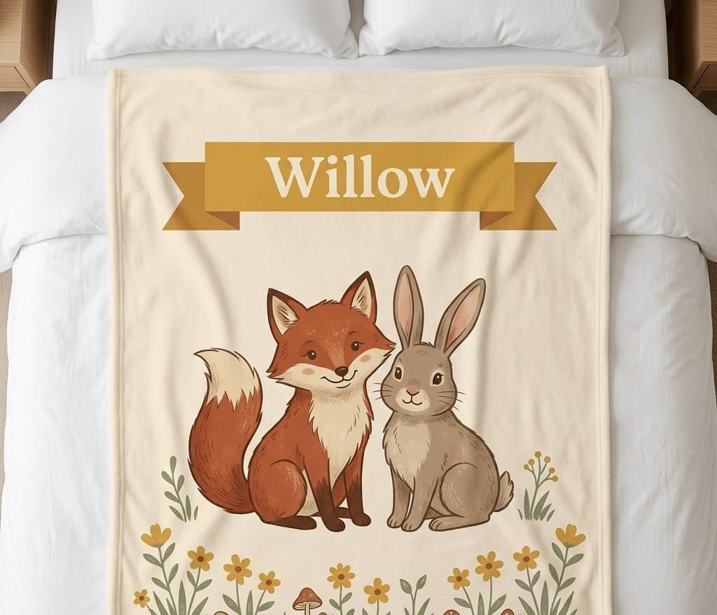 Fox name blanket with Willow on a mustard banner, flat on a bed