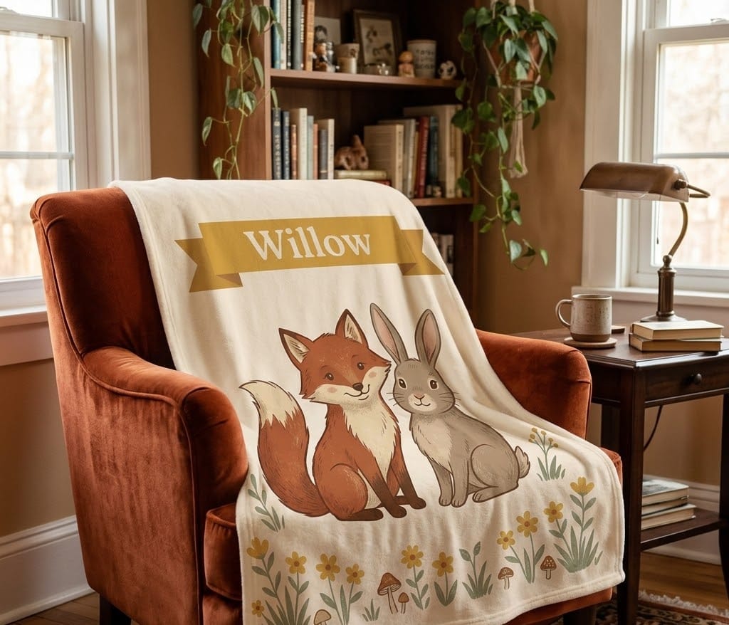 Willow storybook fox blanket on a rust armchair, angled view