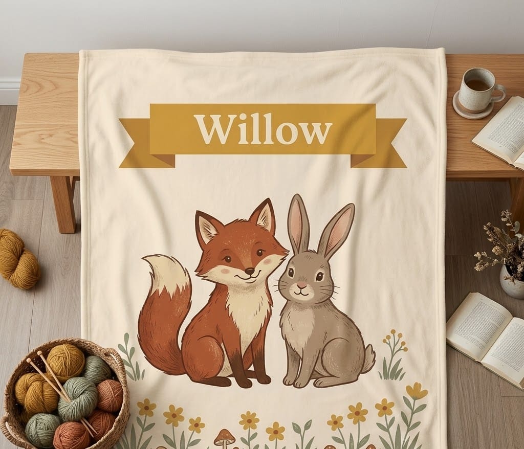 Folded Willow fox and rabbit blanket on an oak bench with yarn