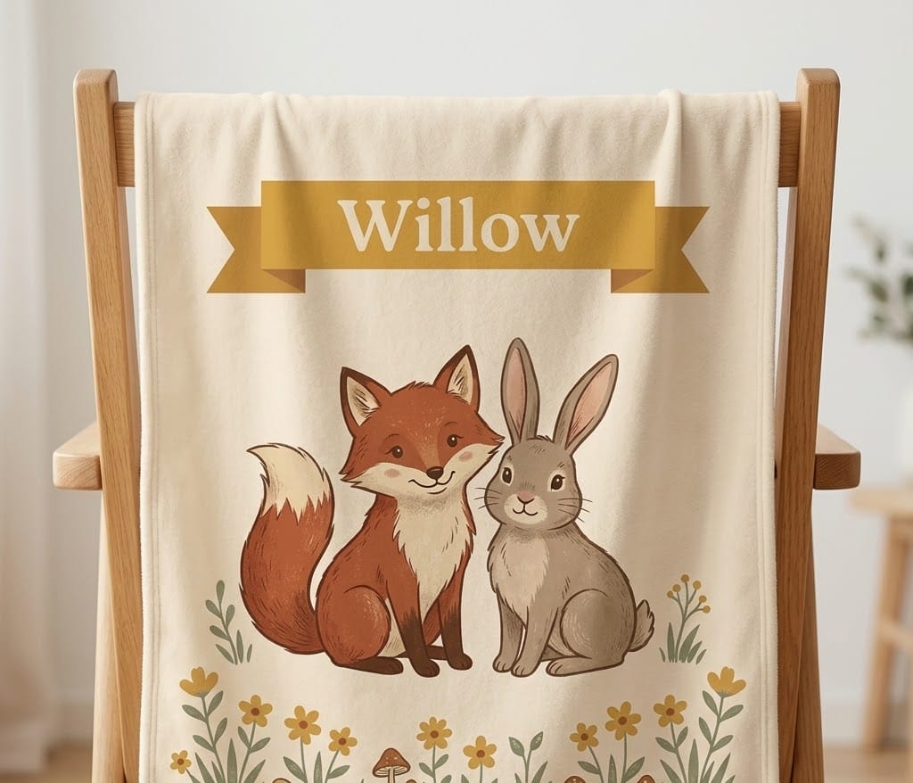 Willow fox name blanket hung over a wooden chair back