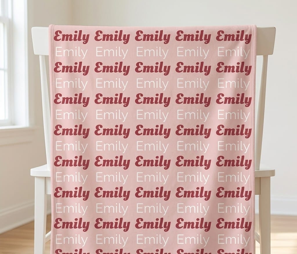 Emily blush repeat name blanket hung flat over a white chair back
