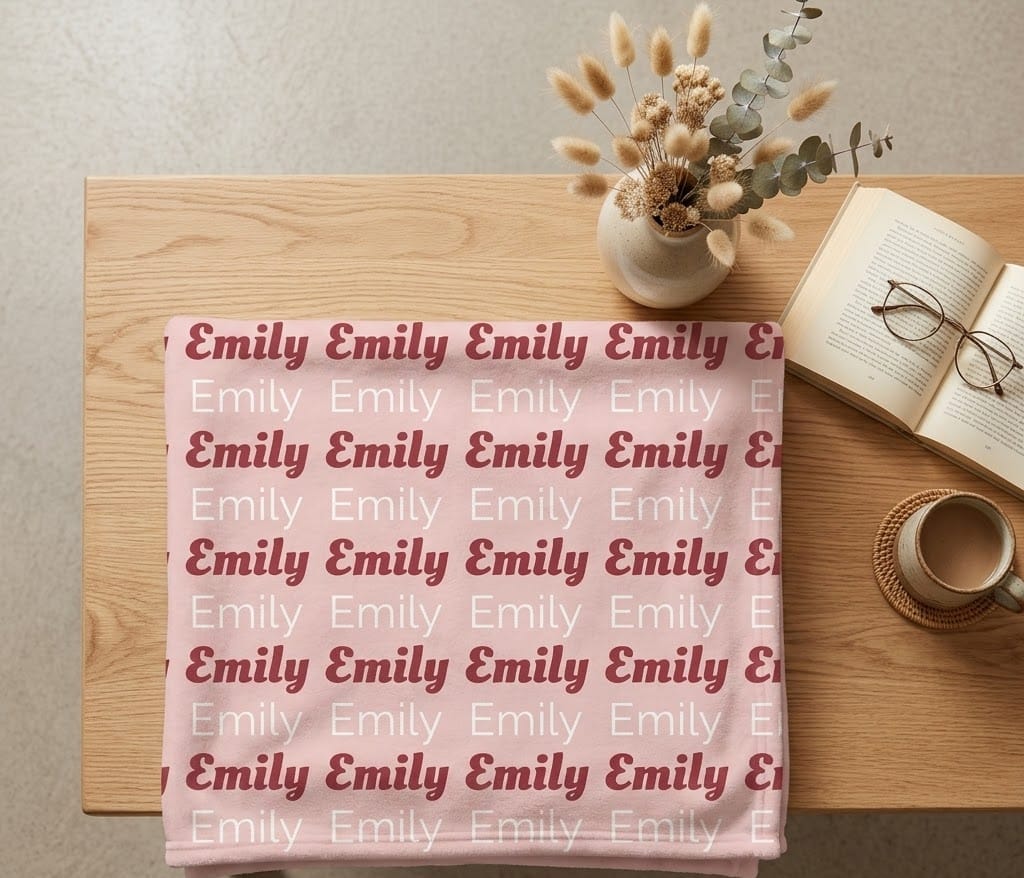 Folded Emily repeat name throw on a wooden table with dried flowers