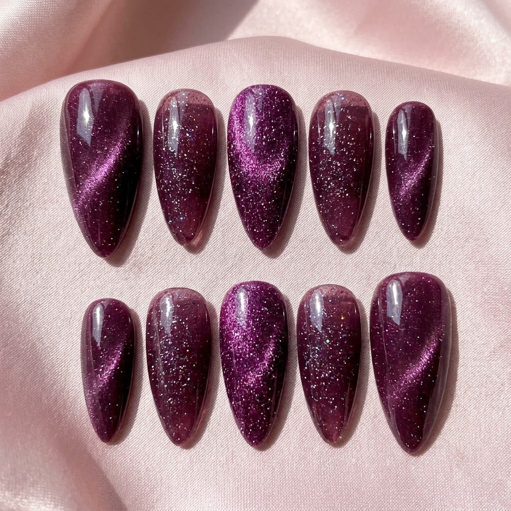 Glitter cat eye nails, ten almond nails in two mirrored rows