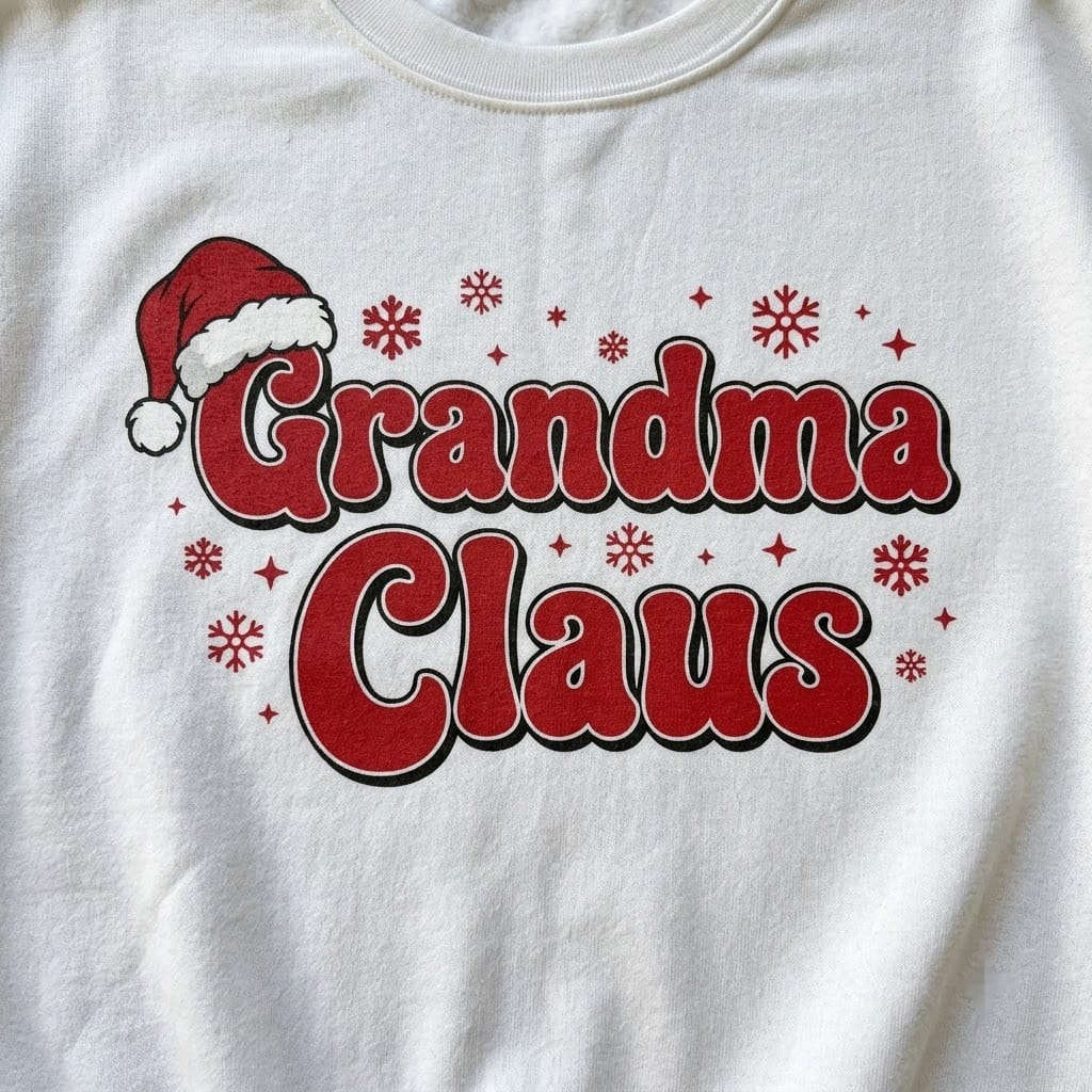 Close-up of the fluffy Santa hat on red bubble letters and snowflakes