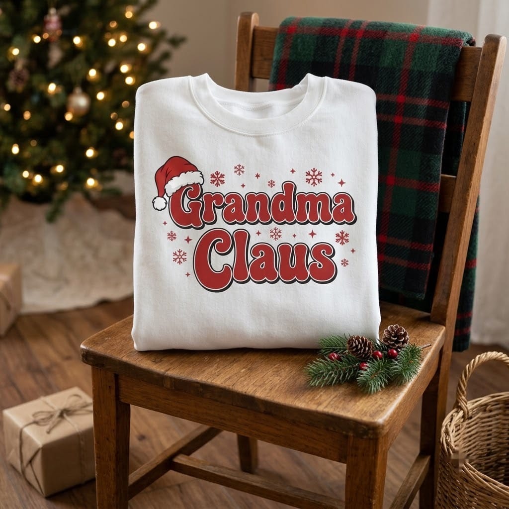 Folded Grandma Claus sweatshirt on a chair beside a lit Christmas tree