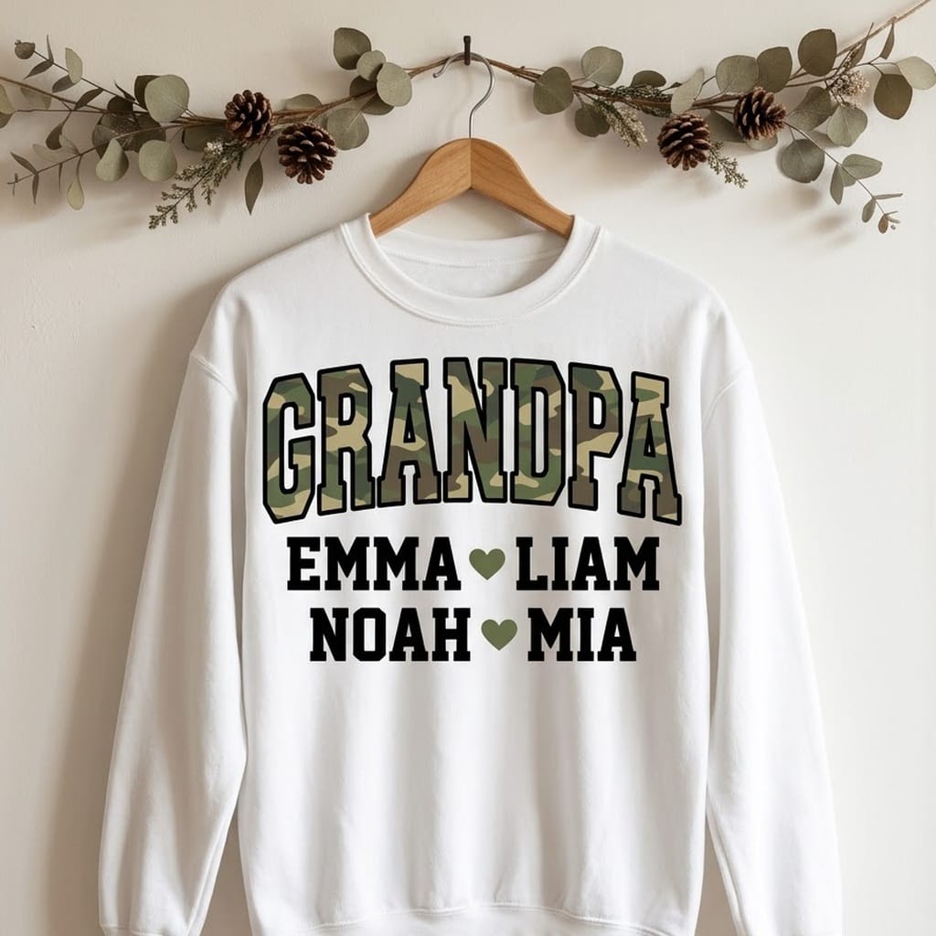 Grandpa camo crewneck with grandkids names on a wooden hanger under greenery