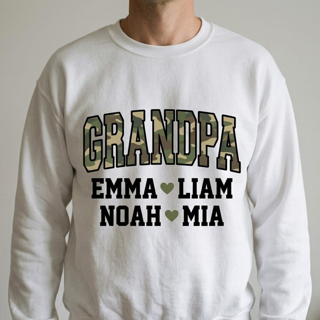 Man wearing a white sweatshirt with camo GRANDPA letters and kids names