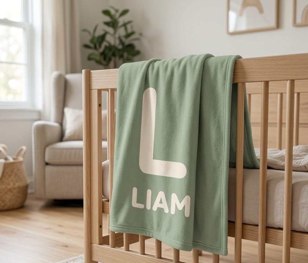 Sage Liam name blanket draped over a wooden crib rail in a nursery