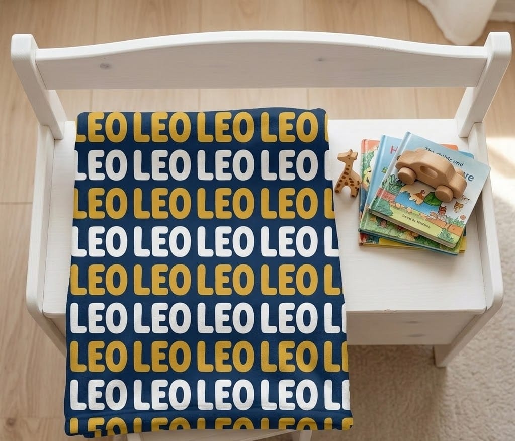 Folded Leo repeat name throw on a white toy bench beside books, from above