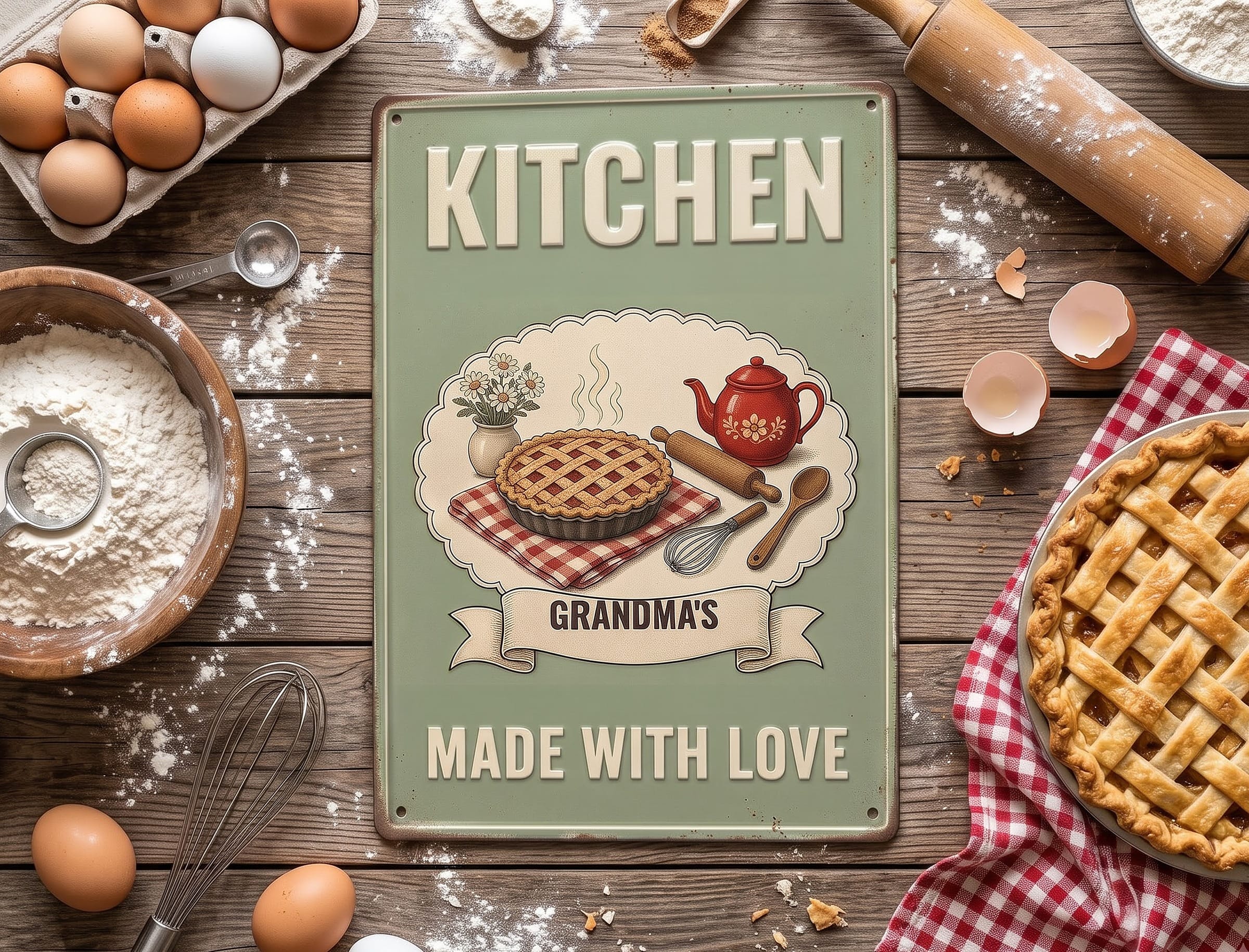 Kitchen name sign lying flat on a baking table with pie and eggs