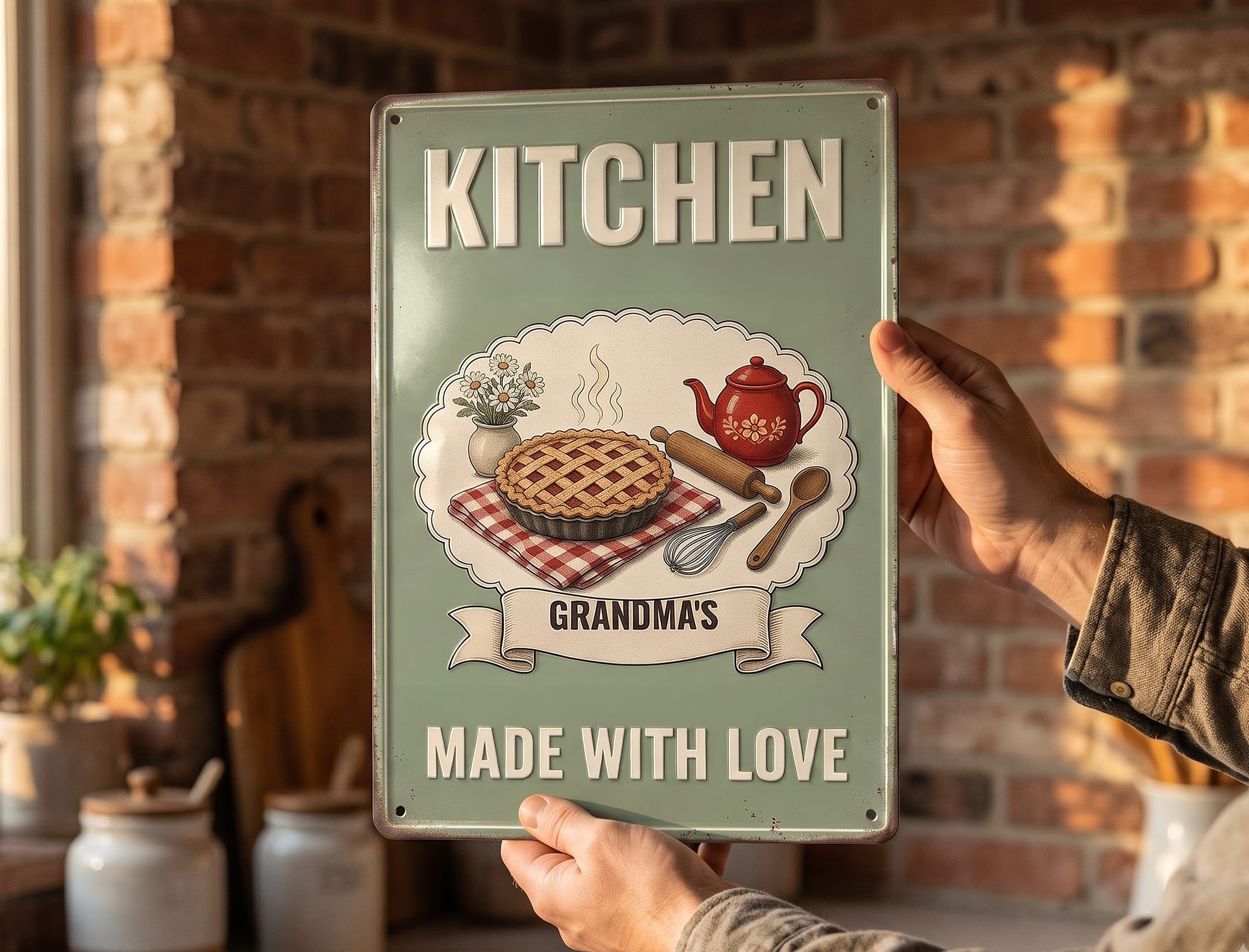 Hands holding the Grandma's Kitchen Made With Love metal sign