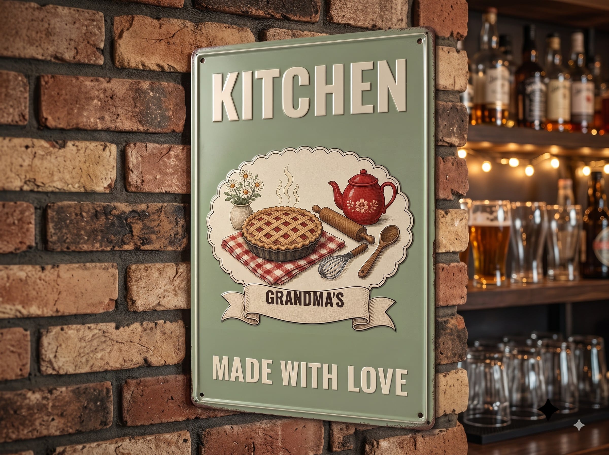 Custom kitchen sign with name ribbon hanging on a brick wall