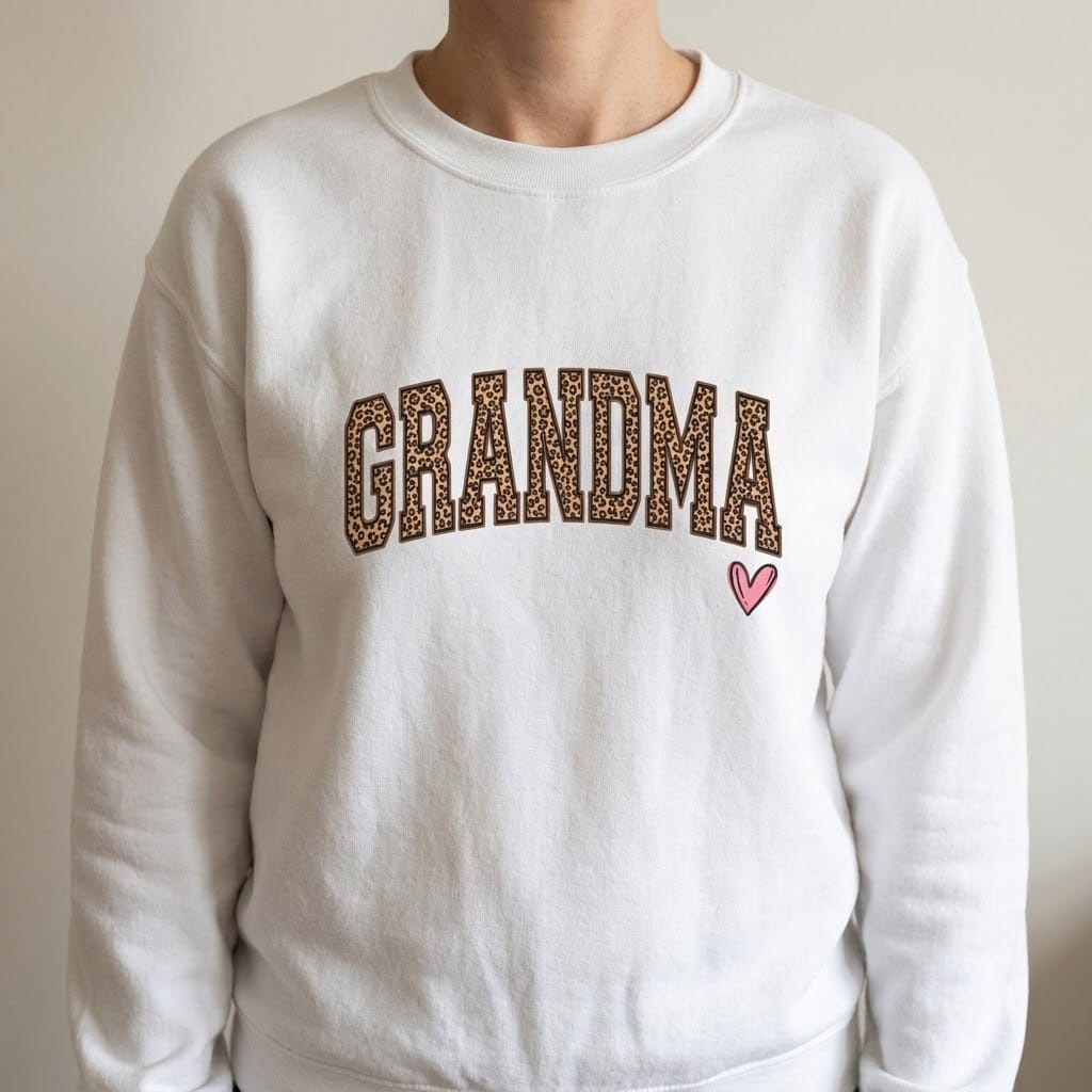Person wearing a white crewneck with leopard print Grandma lettering