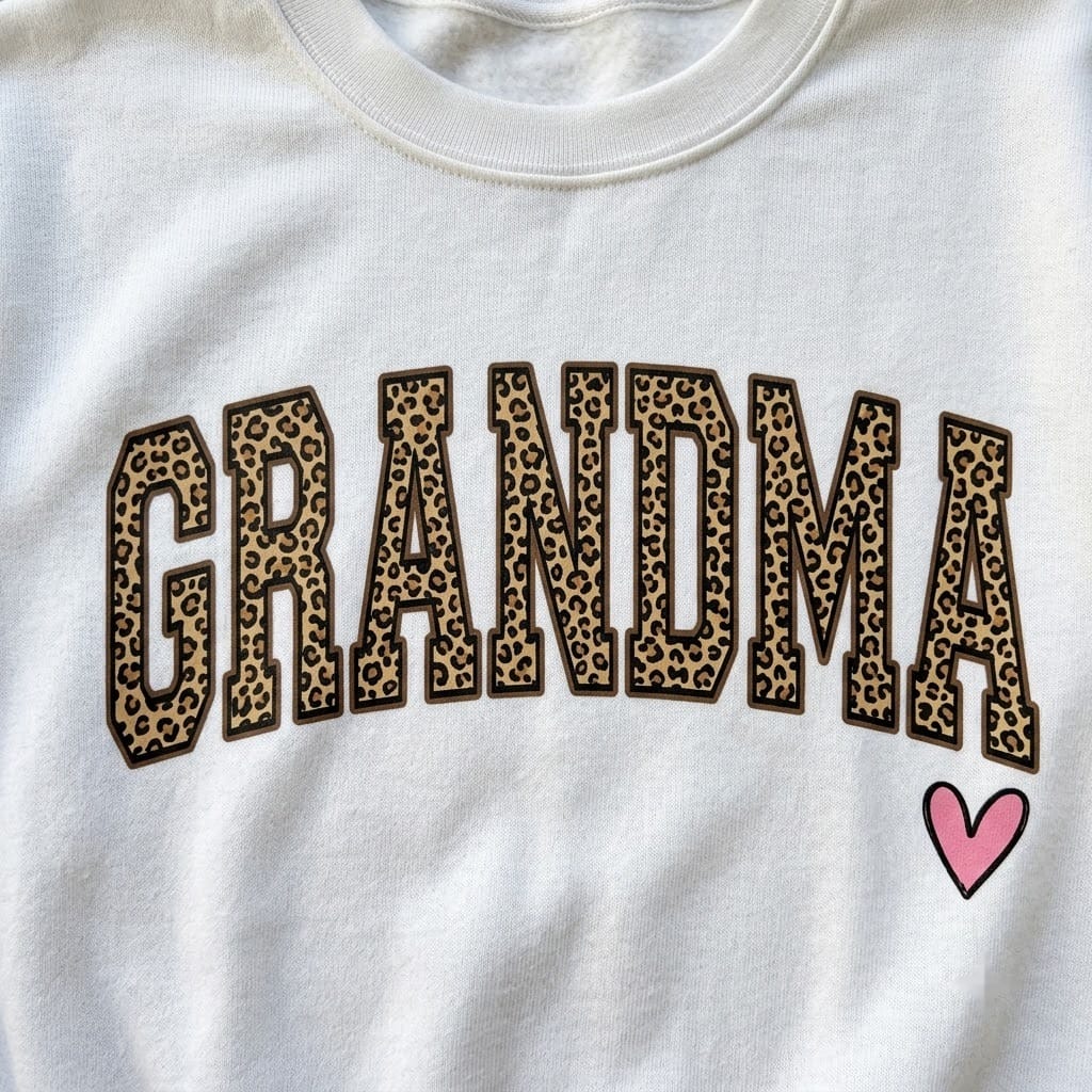 Close-up of the leopard filled Grandma letters and small pink heart