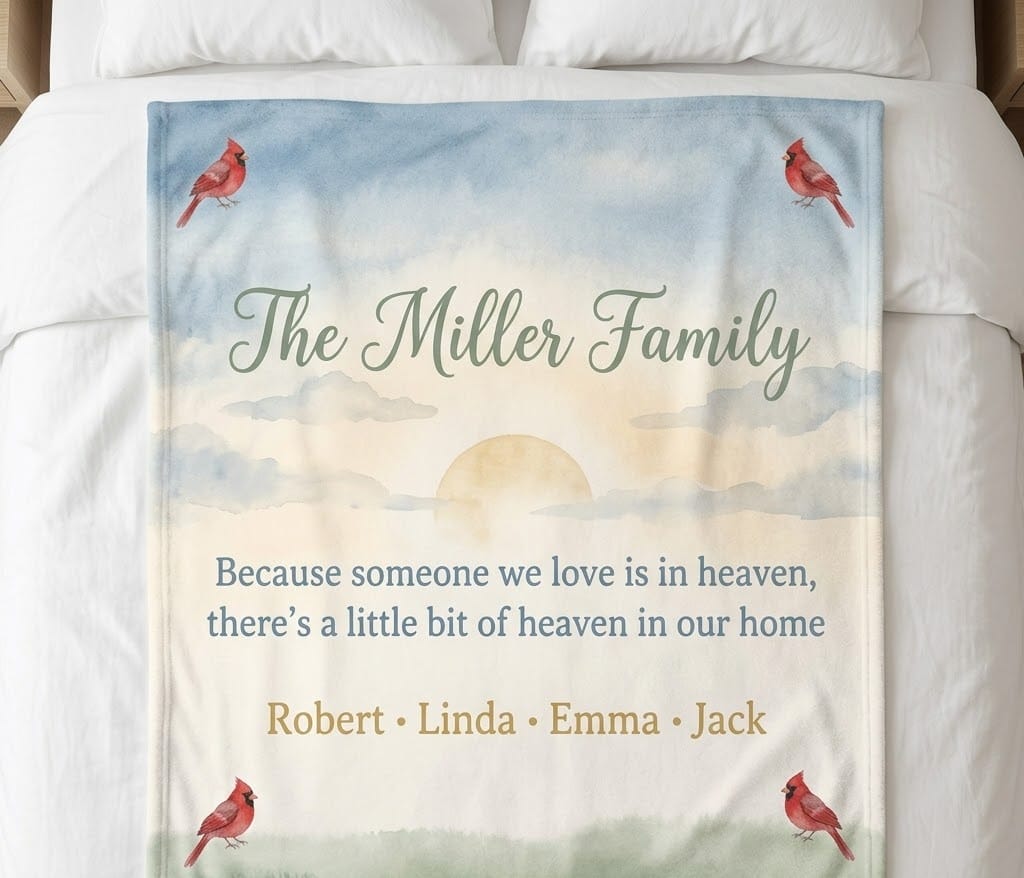 Memorial family blanket with cardinals and the Miller family verse on a bed