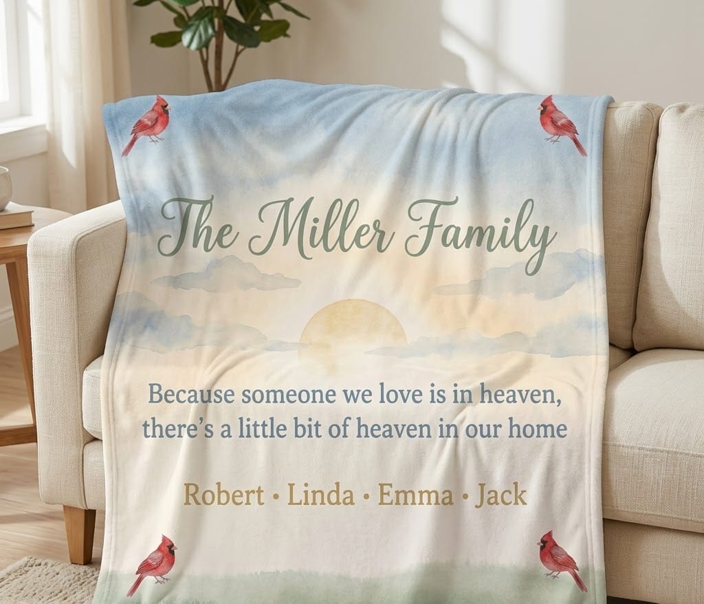 Miller family memorial blanket draped over a cream linen sofa