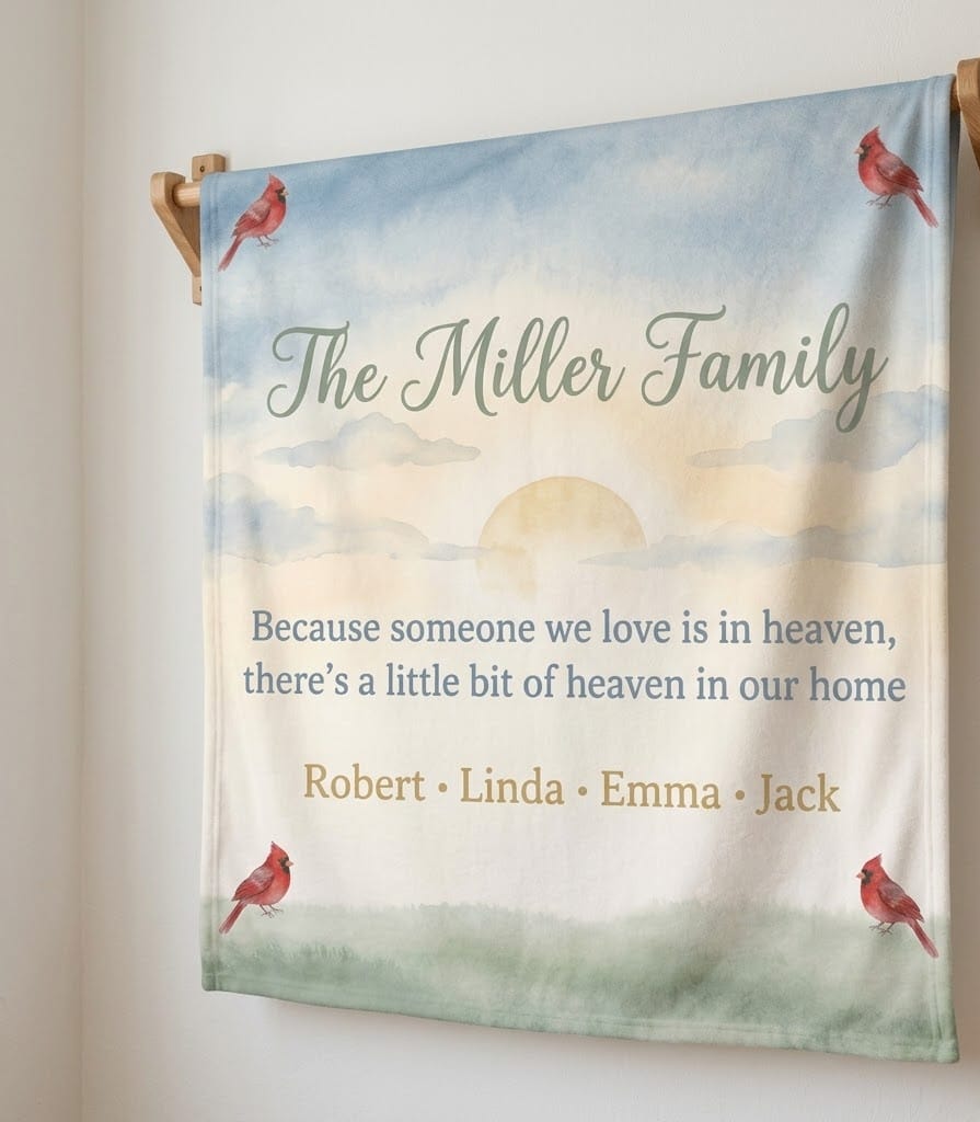 Miller family memorial blanket on a wooden quilt rack, angled view