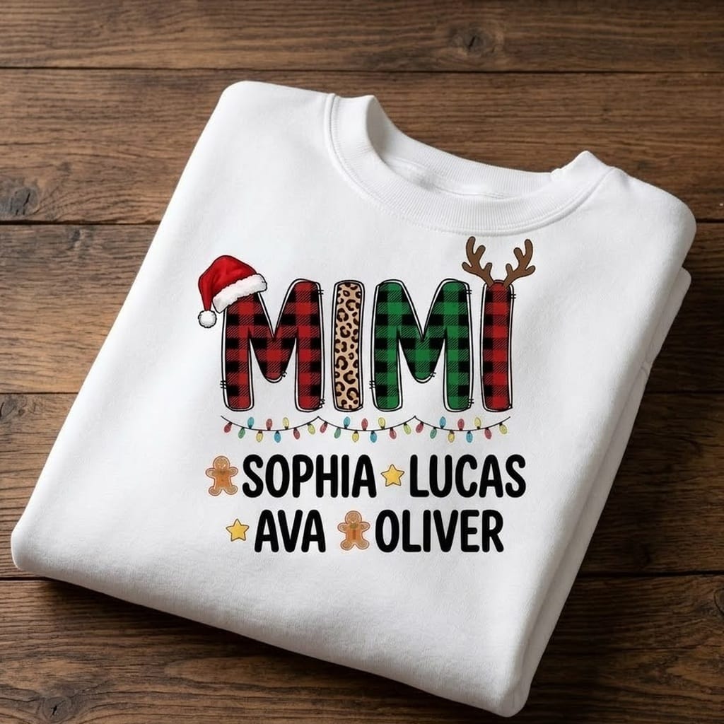 Folded Mimi sweatshirt on a dark table showing Sophia, Lucas, Ava and Oliver