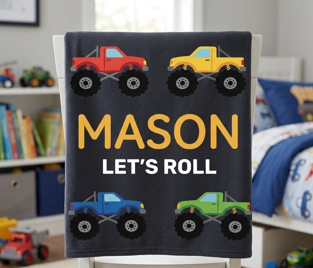Mason monster truck flannel blanket hung over a white chair back in a boys room